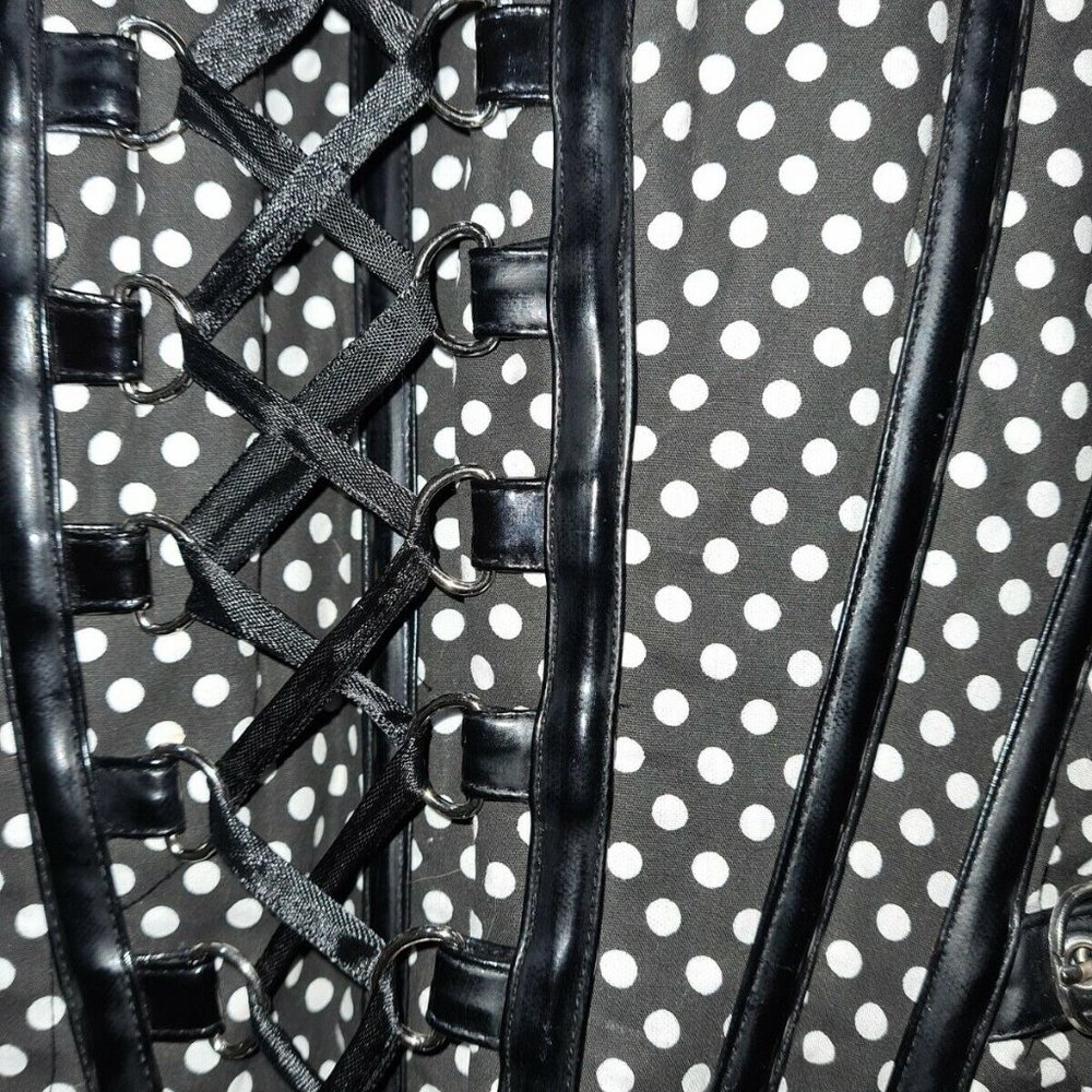 Burlesk Black Polka Dot Corset Buckle Steel Goth Rockabilly Lace Overbust Size M - Picture 3 of 6
